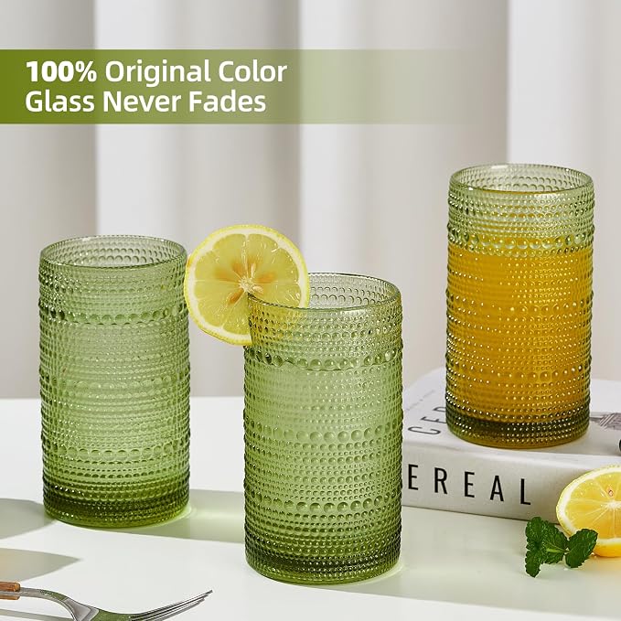 16oz Hobnail Drinking Glasses Set of 6, Vintage Large Capacity Embossed Green - Image 3