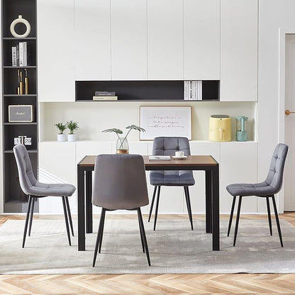 5 PCS Dining Table Set for 4, Modern Engineered Wood Table Walnut Wipe Clean with 4 Upholstered Velvet Home Chair Soft No Arms Accent Chairs with Back for Small Spaces