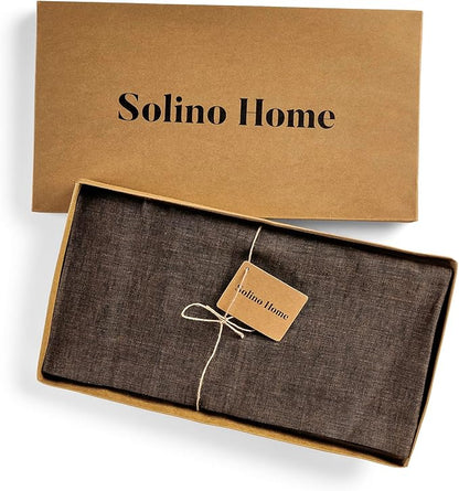 Solino Home Linen Tablecloth 60 x 108 Inch - 100% Pure Linen Chambray Brown Table Cloth for Rectangle Tables - Athena, Machine Washable Tablecloth