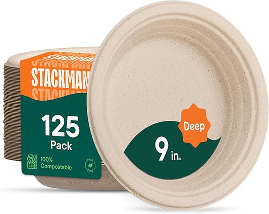 Deep Dish Paper Plates, Heavy Duty Disposable Dinner Plates [125-Pack] 9 Inch Plates - 100% Compostable Eco-Friendly, Biodegradable Sugarcane Bagasse, Natural Brown 9" Paper Plate Disposable