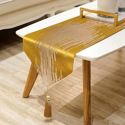 Luxury Golden Table Runner, Modern Abstract Geometric, Tassels | Satin Faux by Jiino