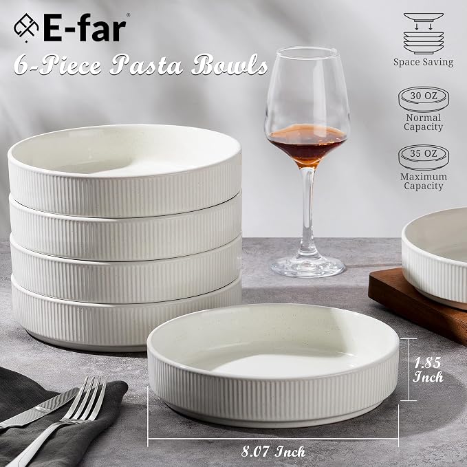 E-far Pasta Bowls Set of 6, 35oz Large Salad Bowl Plate - Image 2