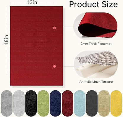 Blue Forest Placemats Set of 6, Dual-Layered Thickened Faux Linen Table Mats Heat Resistant Machine Washable Wrinkle Free Place Mats for Kitchen Dining Outdoor/Indoor (Red)