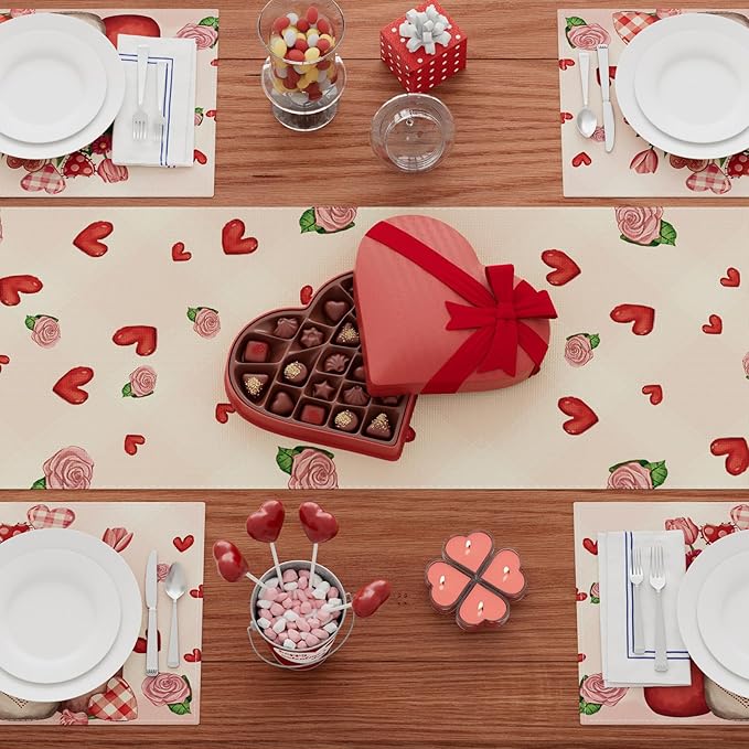 XCHI Roses Flowers Love Hearts Vase Valentine’s Day Table Runner Table Decoration for Party Home Kitchen Dining Dinner Holiday Decor 13x60 Inch