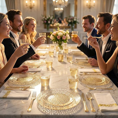 Rubtlamp 350 Pcs Gold Glitter Plastic Plates, Hammered Disposable Plates Set (50 Guests), Glitter Dinnerware Set Include 100 Plastic Plates, 150 Glitter Silverware, 50 Cups And 50 Napkins