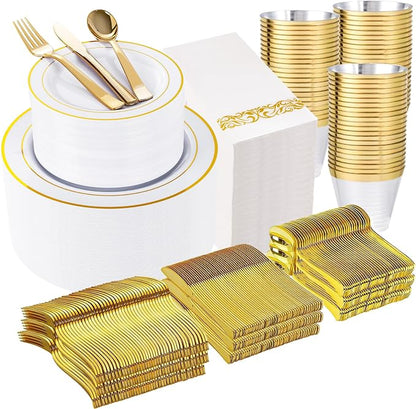 WELLIFE 700 Pieces Gold Plastic Dinnerware Set by WELLIFE