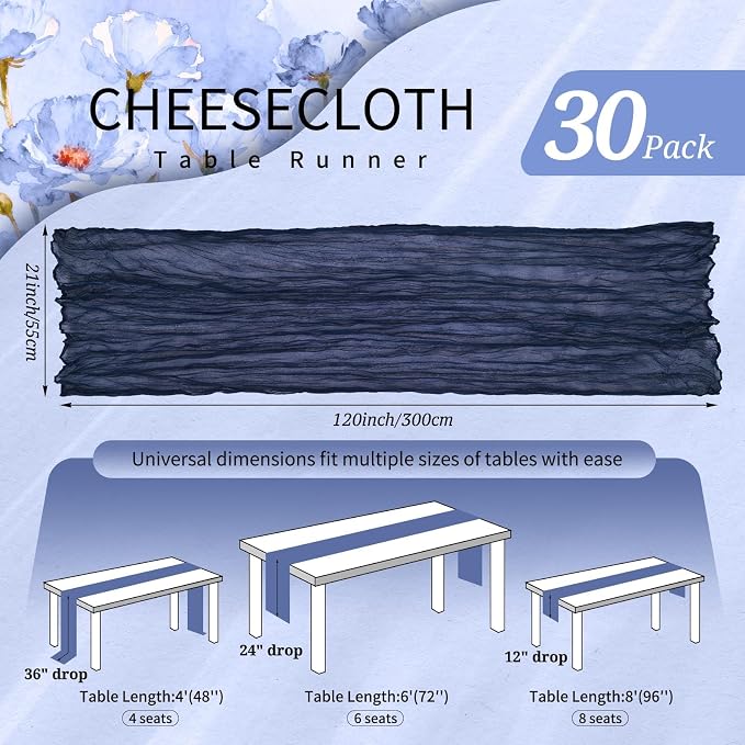 30 Pack Cheesecloth Table Runner 10FT Navy Blue Table Runner Boho Gauze Cheese - Image 2