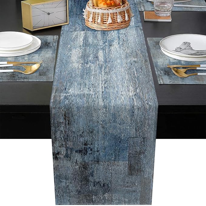 Table Runner and Placemats Set of 6, Vintage Blue Gray Art | Abstract Farmhouse - Image 5