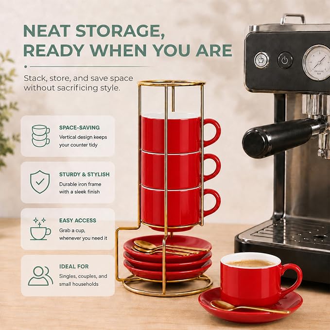 3 Ounce Espresso Cups Set of 4, Includes Display Stand, Coffee Cups Saucers - Image 5