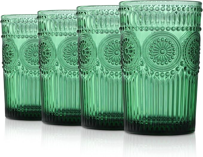 Joeyan Green Vintage Drinking Glasses, Embossed Ribbed Water Glass Cups by JoeyanHousehold