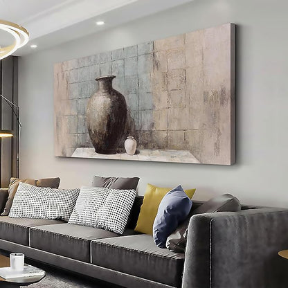 Abstract Wall Art Vintage Vase Still Life Textured Oil Painting Style Canvas Painting Framed Blue Gray Brown Wall Decor Rustic Artwork，Suitable for Decorating Living Rooms, Bedrooms, Dining Rooms, and Home Offices 20"X40"