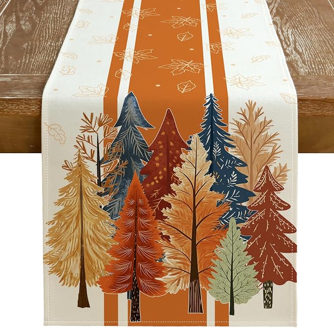 Fall Watercolor Trees & Maple Leaves Striped Table Runner 13x90 Inch, Rustic by GEEORY
