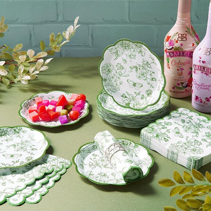 Willinglong 120 Pcs Floral Scalloped Paper Plates and Napkins Set, 2-ply Napkins - Image 7