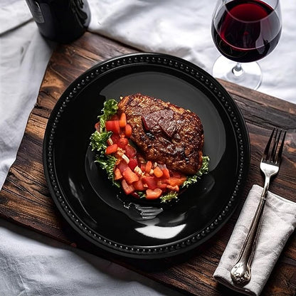 Melamine Beaded Dinner Plate Set of 6, 11inch, Black, BPA Free, Platter, Serving Dishes, Chip & Break Resistant, Lightweight, Durable, Great for Dining, BBQs, Picnics, Weddings & Everyday Meals