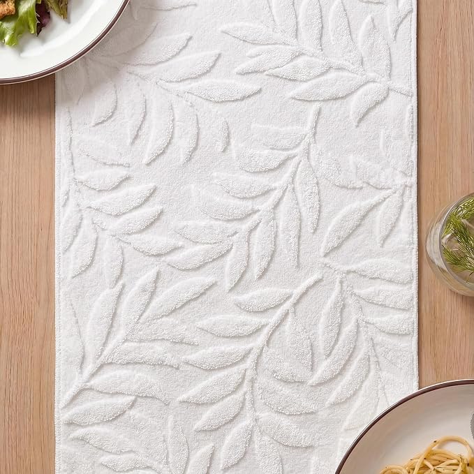 Artoid Mode White Soft 3D Jacquard Leaves 100%Cotton Spring Table Runner - Image 4