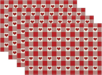 Valentines Placemats Set of 4 Red Pink Love Heart Buffalo Plaid Decor Place Mats 12x18 Inch Gingham Anniversary Wedding Holiday Linen Table Mats for Home Kitchen Dining Party Table Decoration