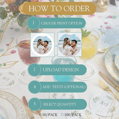 Custom Coasters – Personalized Wedding Coasters for Drinks with Logo or Photo – Reusable Customized Full Color Print Drink Coaster for Weddings, Parties & Events (25, 50, 100 Pack) – Queen of Cards