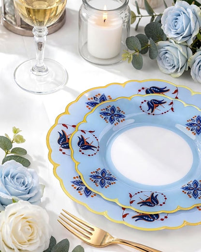 Morejoy 60Pcs Plastic Disposable Plates Set - Blue Plastic Plates Featuring Blue & Orange Floral Design With Gradient Gold Rim. Includes 30 Dinner Plates & 30 Dessert Plates, Perfect for Wedding,Party