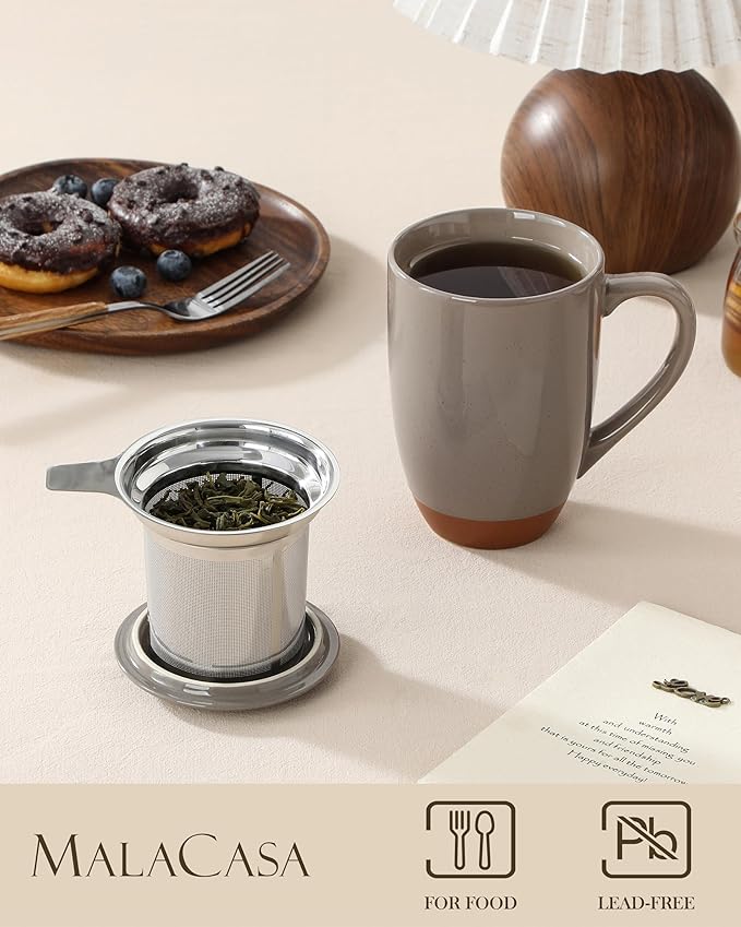 MALACASA Ceramic Tea Mug with Lid and Stainless Steel Infuser, 18 oz Large Tea - Image 3