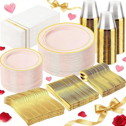 GATHER 350PCS Pink Plastic Plates - Disposable Plastic Dinnerware Set Include 100 Pink Plates, 150 Silverware, 50 Napkins, 50 Cups for Party & Wedding & Valentine's Day