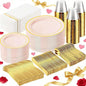 GATHER 350PCS Pink Plastic Plates - Disposable Plastic Dinnerware Set Include 100 Pink Plates, 150 Silverware, 50 Napkins, 50 Cups for Party & Wedding & Valentine's Day