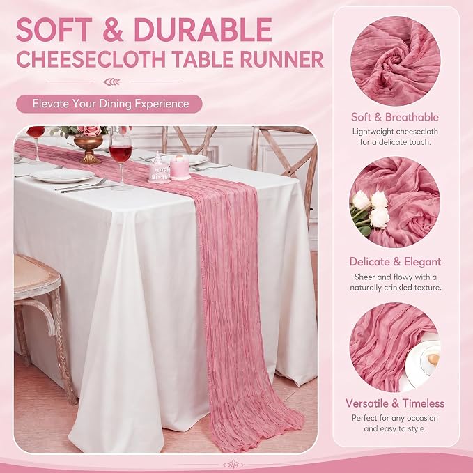 2 Pack Dusty Rose Cheesecloth Table Runner 17x108 Inch Boho Rustic Semi Sheer - Image 4