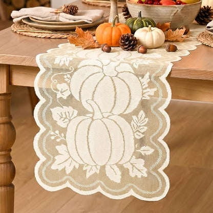 Artoid Mode Beige Lace Jacquard Pumpkin Leaf Fall Table Runner, Seasonal by ArtoidMode