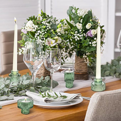 Taper Votive Candle Holder for Pillar Candles Tealight, Candlestick Holder for Wedding Christmas Tea Party, Boho Ribbed Vintage Crystal Glass Table Centerpiece Decor, Bulk Set of 6 (Green)