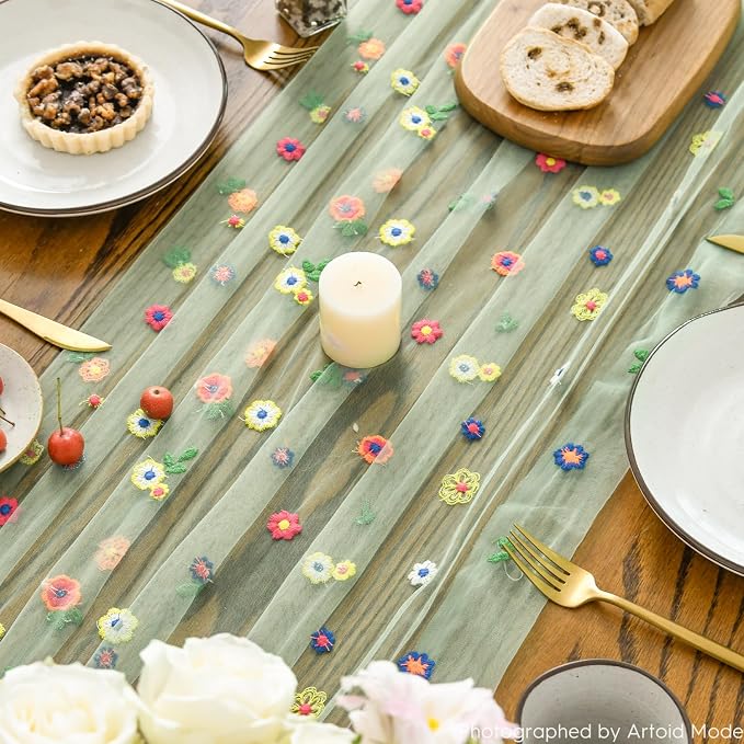 Artoid Mode Sage Green Embroidery Daisy Gauze Table Runner 120 Inch 10FT | - Image 3