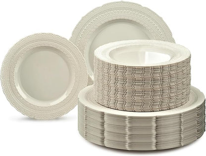 " OCCASIONS " 240 Plates Pack,(120 Guests) Extra Heavyweight Vintage Wedding Disposable/Reusable Plastic Plates 120x 11'' Dinner + 120 x 8.25'' Salad/Dessert Plate (Chateau Ivory)