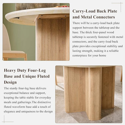 T4TREAM 47" Fluted Round Dining Table for 4-6, Mid-Century Modern Kitchen Table with Thickened Edge & Sturdy Pedestal Base for Kitchen Living Room,Marble & Natural Oak(Table Only)
