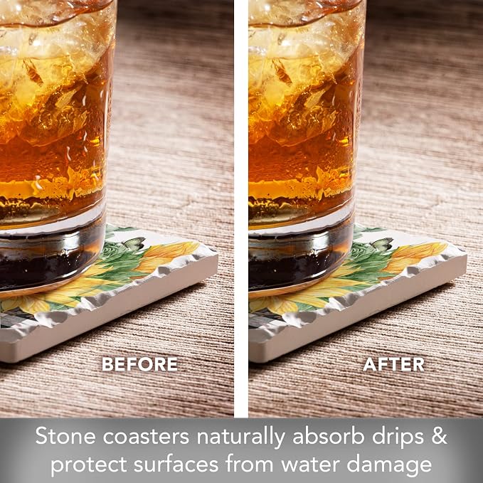 Thirstystone Sunflower Fields 4 Pack Tumbled Tile Stone Coasters | 4" Square - Image 3
