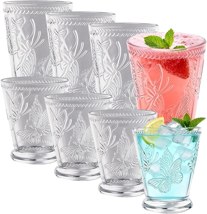 8 Pack Embossed Vintage Mixed Drinking Glasses, 12 Oz & 9 Oz Glasses | Embossed by Unknown