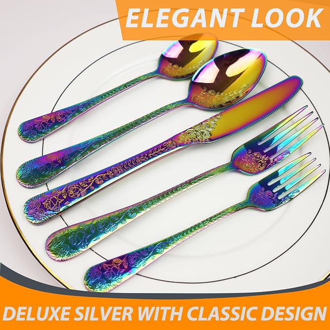 Runfly Modern Carved Floral Rainbow Stainless Steel 20-Piece Flatware Set | - Image 5