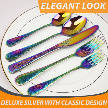 Runfly Modern Carved Floral Rainbow Stainless Steel 20-Piece Flatware Set | - Image 5