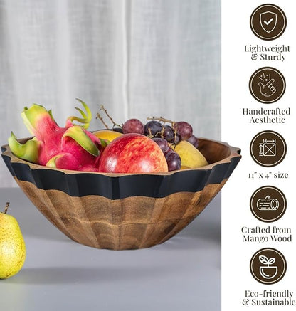 Folkulture Black Wave Salad Bowl | 11” Large Mango Wood Serving Bowl - Image 2