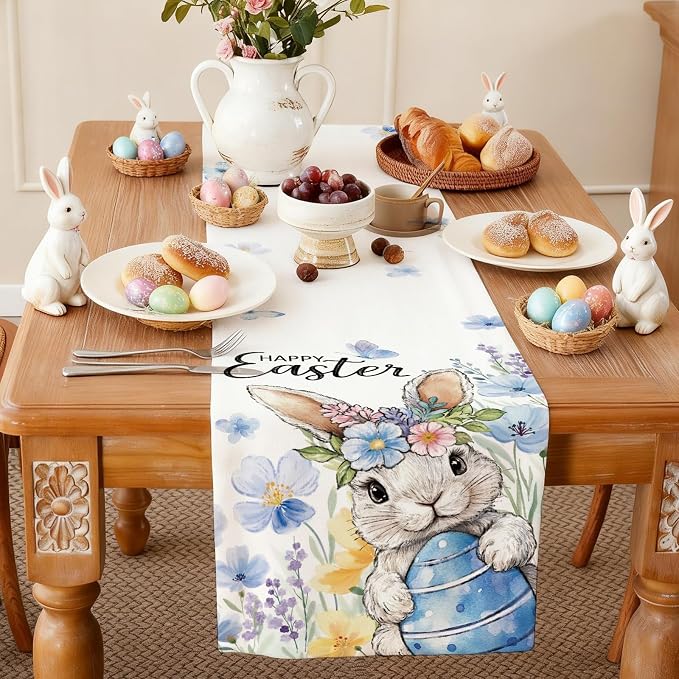 Happy Easter Bunny Table Runner, Egg Flowers Burlap Table Runners, Spring - Image 9