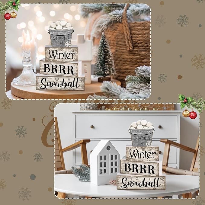 Moucuny 4 Pcs Winter Table Decorations Winter Tiered Tray Decor Christmas Table - Image 6