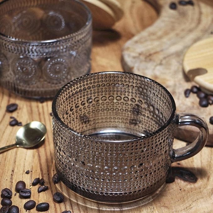 Vintage Glass Coffee Mugs, 14 Oz Set of 2 Embossed Glassware Tea Cups - Image 4