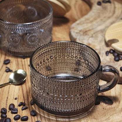 Vintage Glass Coffee Mugs, 14 Oz Set of 2 Embossed Glassware Tea Cups - Image 4