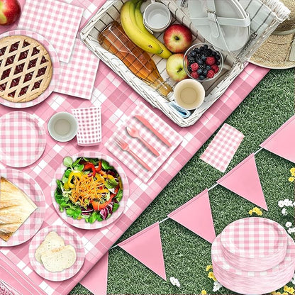180Pcs Pink Gingham Party Supplies Paper Plates and Napkins Serve 60 | - Image 4