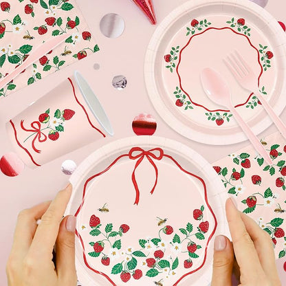 168pcs Strawberry Paper Plates Napkins Strawberry Party Supplies Serve 24 | - Image 4