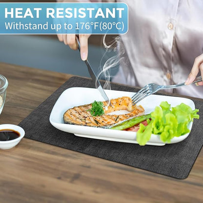 Placemats Set of 12 Washable, Heat Resistant Table Placemats Wipeable Faux Leather Place Mats Non Slip, Waterproof Square Table Mats for Indoor Outdoor, Charcoal Gray