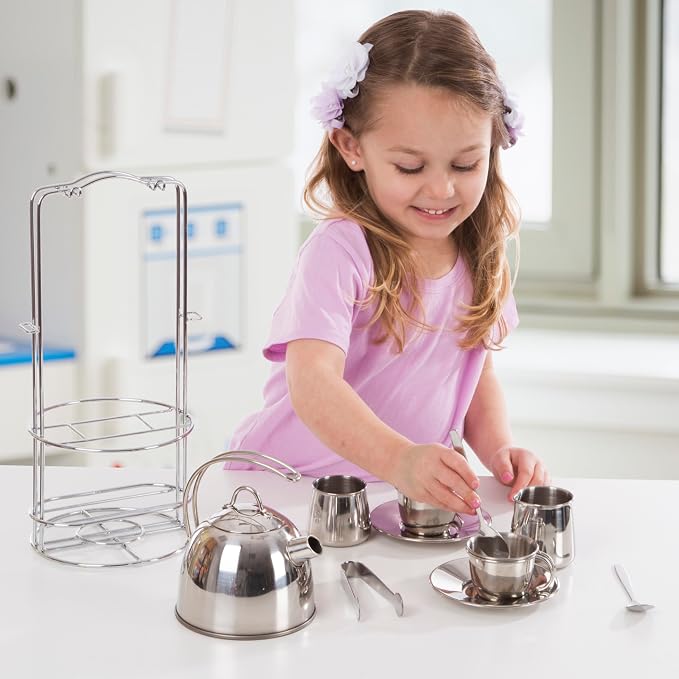 Melissa & Doug Stainless Steel Pretend Play Tea Set and Storage Rack - Image 2