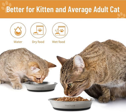 Cat Bowls, 4 Pcs Stainless Steel Pets Bowls for Food and Water, Whisker Fatigue Shallow Non-Slip Cat Dishes Plates for Small Dog Puppies Cats