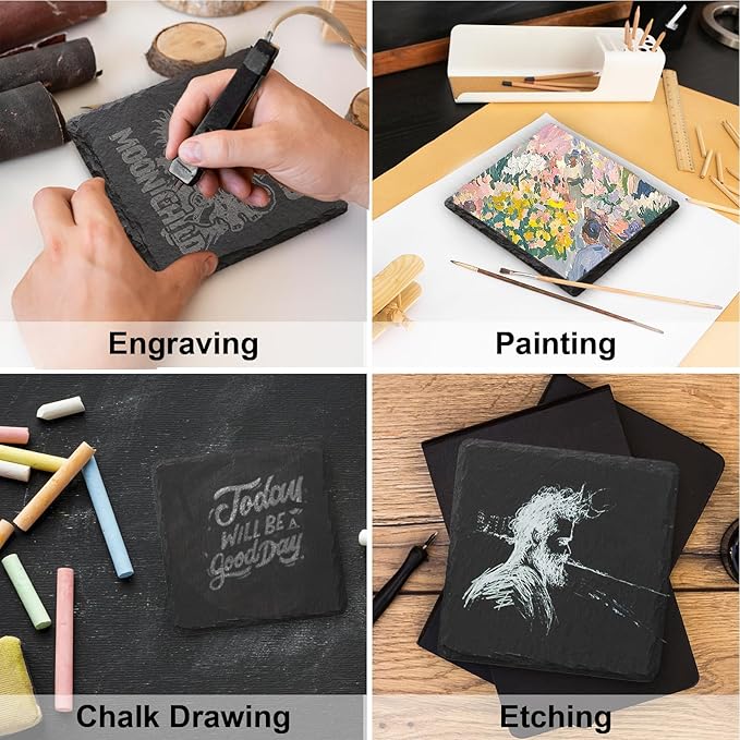 Slate Coasters Set of 12,4-Inch Black Square Stone Drink Coasters with Scratch-Resistant Backing,Durable Tabletop Protection for Home Office Kitchen,Ideal Housewarming Wedding Gifts