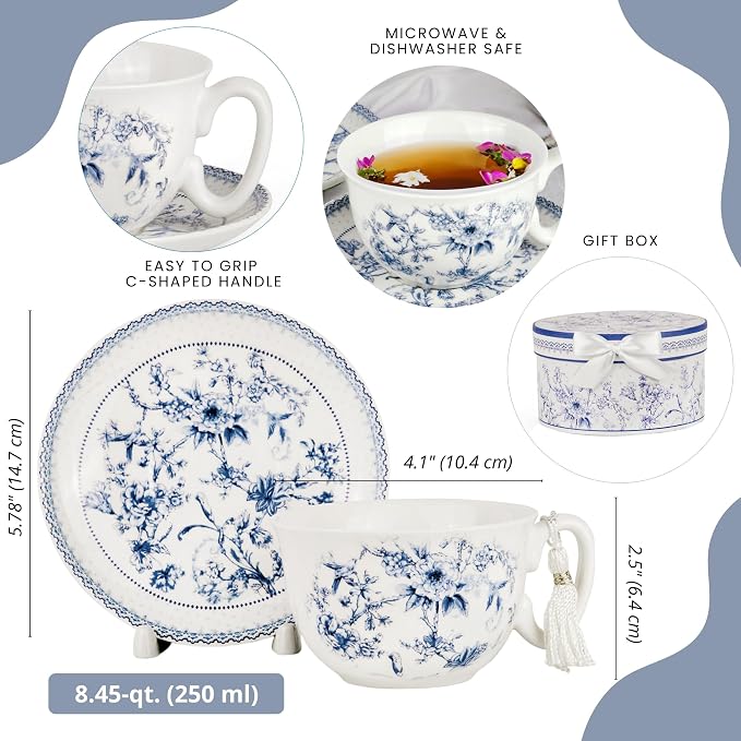 STP GOODS Blue Flowers Bone China Cup and Saucer Set in Gift Box - Image 4