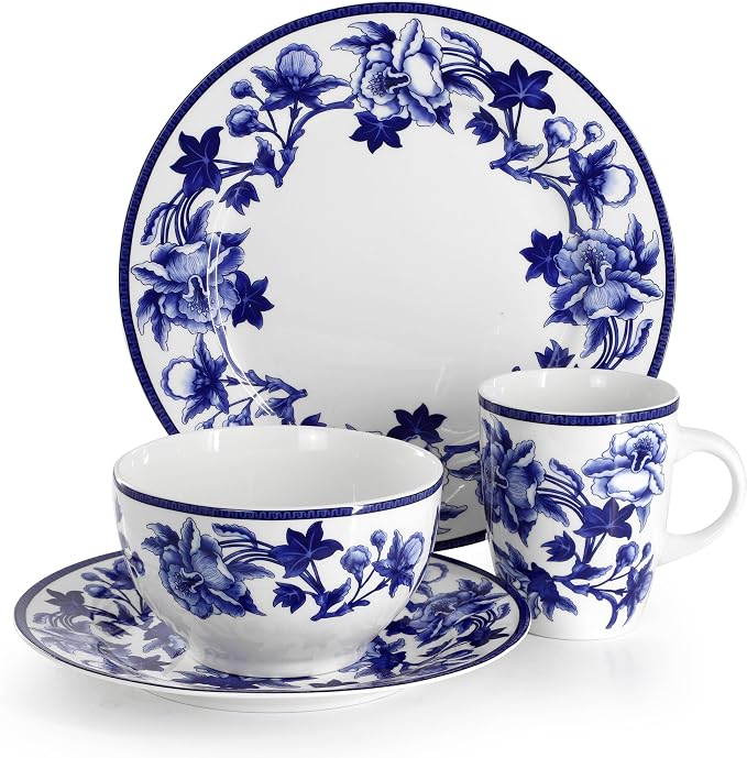 Elama Cattleya Orchid Design 16 Piece Round Porcelain Dinnerware Set in Blue - Image 2