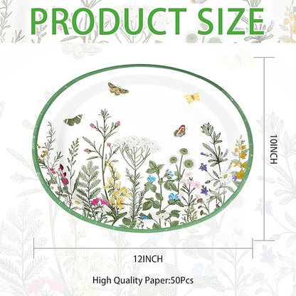 50Pcs Wildflower Oval Paper Plates 10" x 12" Large Disposable Heavy Duty Vintage Green Wildflower Platters Spring Butterfly Flowers Dessert Plates for Seasonal Lunch Dinner Tea Picnic Party Supplies