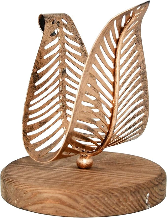 OwlGift Freestanding Modern Napkin Holder w/Bronze Metal Leaf & Brown Wooden Base Design, Tabletop Tissue Dispenser, Napkin Storage Organizer